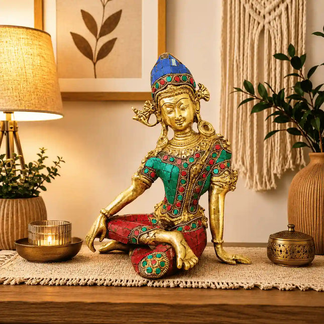 Brass Stone work Sitting Indra Dev Idol (9.5 Inch)