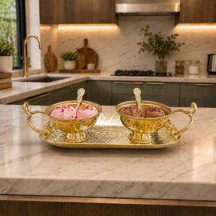 Brass Hammered Serving Tray With Bowl Set
