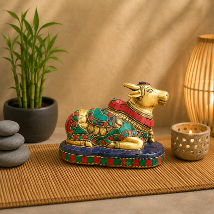Brass Stone Work Sitting Nandi Idol