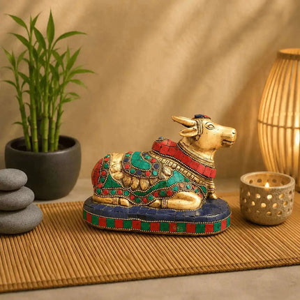 Brass Stone Work Sitting Nandi Idol (4.5 Inch)
