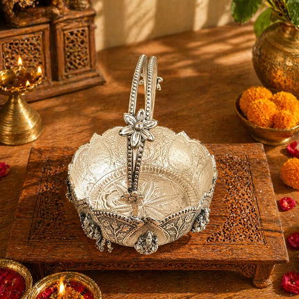 Brass Silver Plated Ashtalakshmi Basket With Handle And Leg (5 Inch)