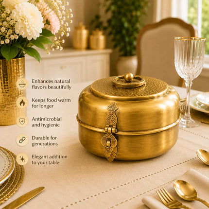 Brass Handcrafted Antique Roti / Chapati Box With Tong (5.5 Inch)