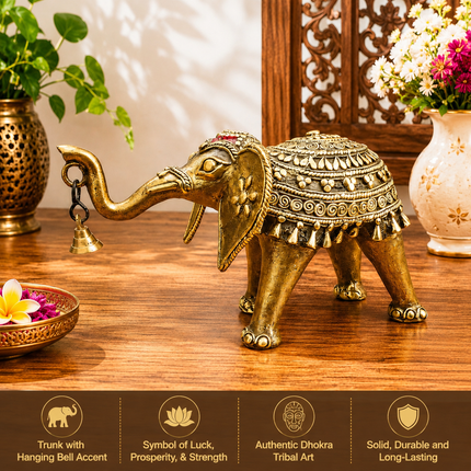 Brass Handcrafted Dhokra Elephant Statue With Bell (5.5 Inch)