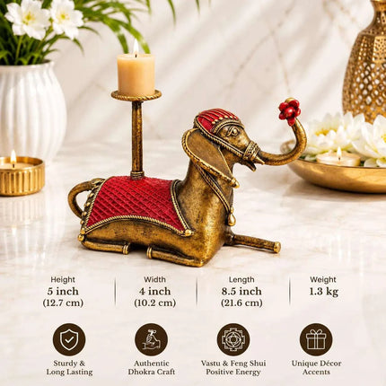 Brass Dhokra Sitting Elephant Statue With Candle Holder (5 Inch)