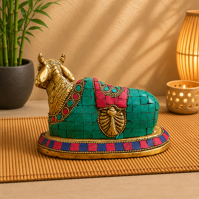 Brass Stone Work Sitting Nandi Idol (4.5 Inch)