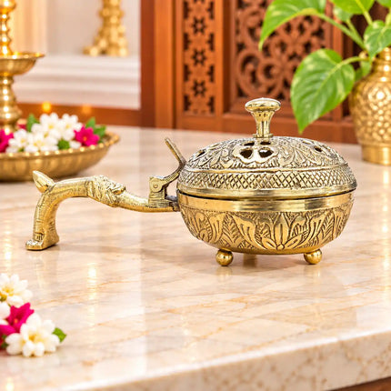 Brass Dhoop Dani & Incense Holder With Handle (3 Inch)
