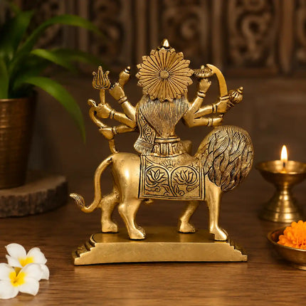 Brass Goddess Durga Sitting on Lion Statue (8 Inch)