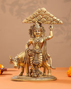 Brass Krishna With Cow And Goverdhan Parvat Idol (11 Inch)