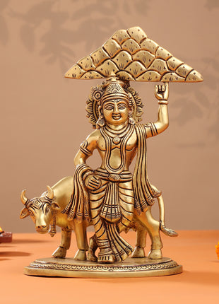 Brass Krishna With Cow And Goverdhan Parvat Idol (11 Inch)