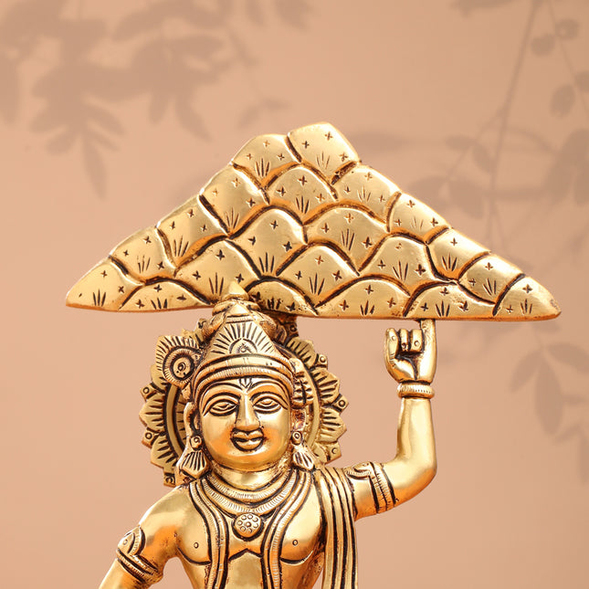 Brass Krishna With Cow And Goverdhan Parvat Idol (11 Inch)