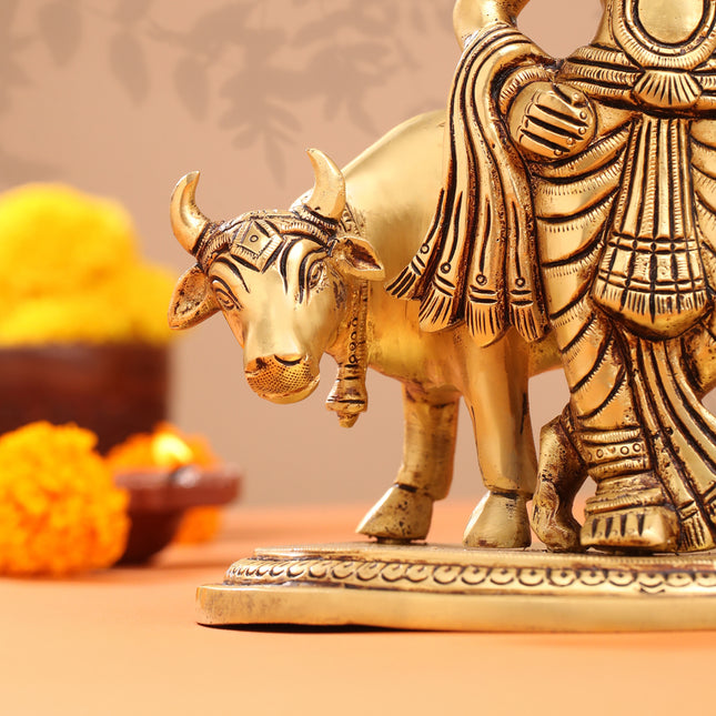 Brass Krishna With Cow And Goverdhan Parvat Idol (11 Inch)