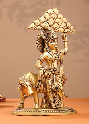 Brass Krishna With Cow And Goverdhan Parvat Idol (11 Inch)