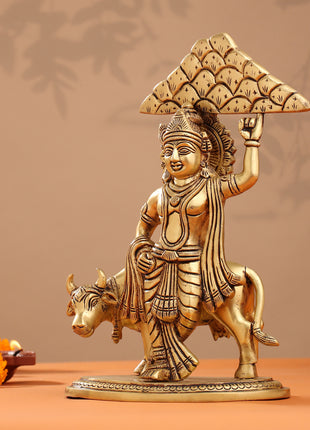 Brass Krishna With Cow And Goverdhan Parvat Idol (11 Inch)