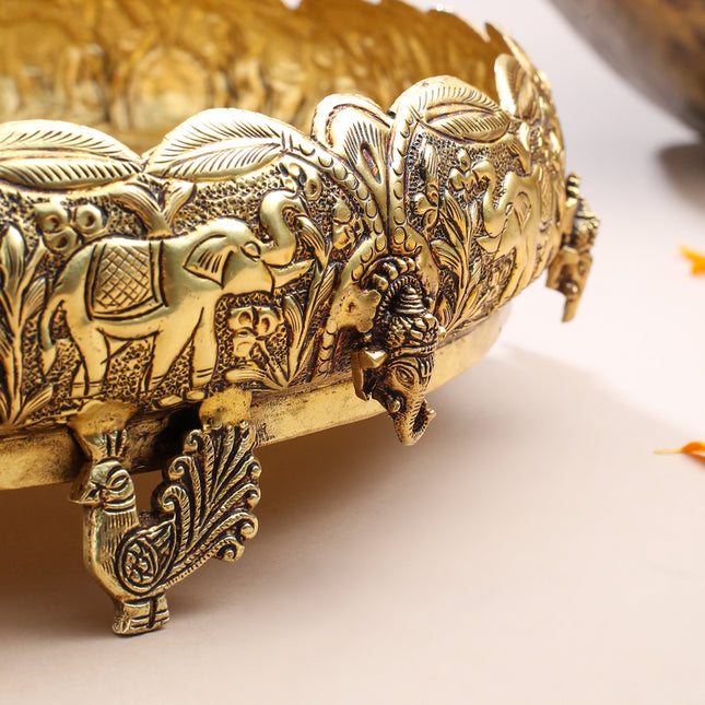 Brass Ganesha And Elephant Carving Urli