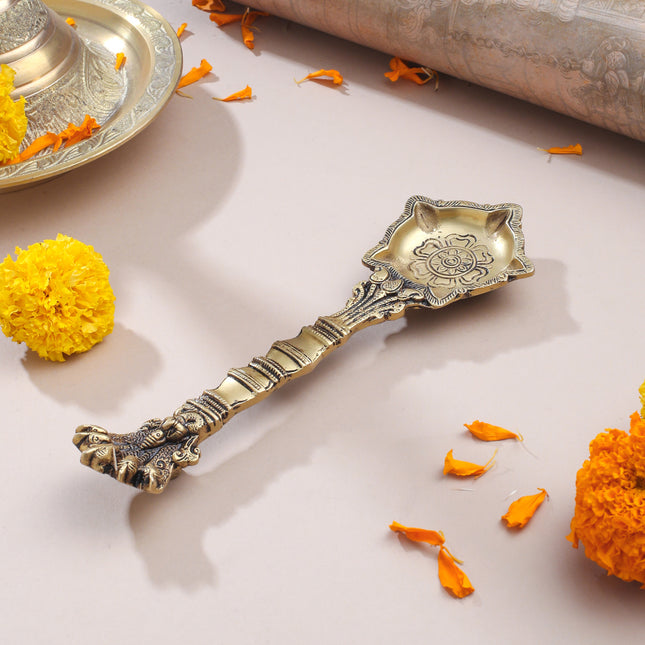Antique Finish Brass Pooja Spoon | Handcrafted Ganga Jal Spoon for Rituals (9 Inch)