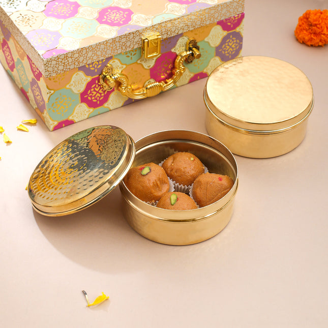 Brass Ladoo Box Gift Hamper (2 Inch)