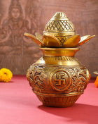 Brass Kalash with Coconut & Leaves | Handcrafted Pooja Kalash Pot for Mandir & Auspicious Rituals (8 Inch)