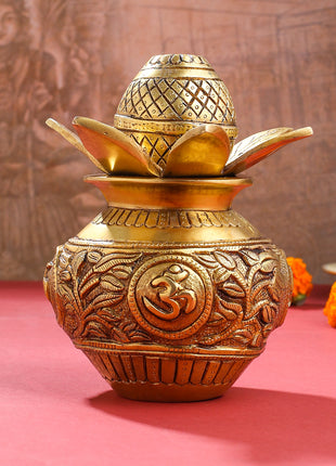 Brass Kalash with Coconut & Leaves | Handcrafted Pooja Kalash Pot for Mandir & Auspicious Rituals (8 Inch)