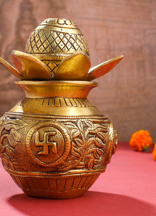 Brass Kalash with Coconut & Leaves | Handcrafted Pooja Kalash Pot for Mandir & Auspicious Rituals (8 Inch)