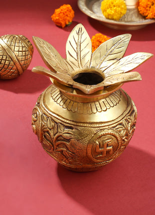 Brass Kalash with Coconut & Leaves | Handcrafted Pooja Kalash Pot for Mandir & Auspicious Rituals (8 Inch)