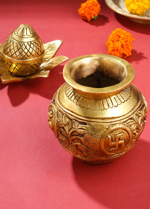Brass Kalash with Coconut & Leaves | Handcrafted Pooja Kalash Pot for Mandir & Auspicious Rituals (8 Inch)