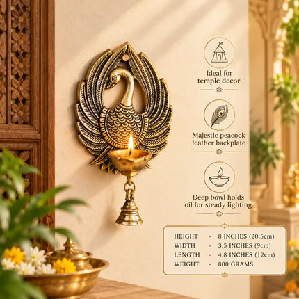 Brass Peacock Wall Hanging Diya With Bell (8 Inch)