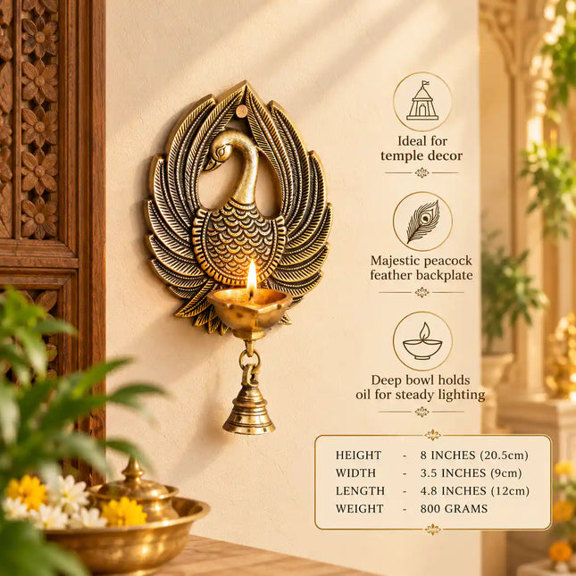 Brass Peacock Wall Hanging Diya With Bell (8 Inch)