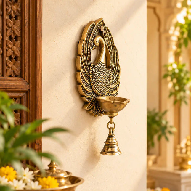 Brass Peacock Wall Hanging Diya With Bell (8 Inch)