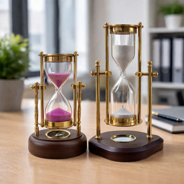 Brass Rotating Sand Clock With Compass And Wooden Stand