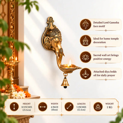 Brass Ganesha Face With Diya & Bell Wall Hanging (10 Inch)