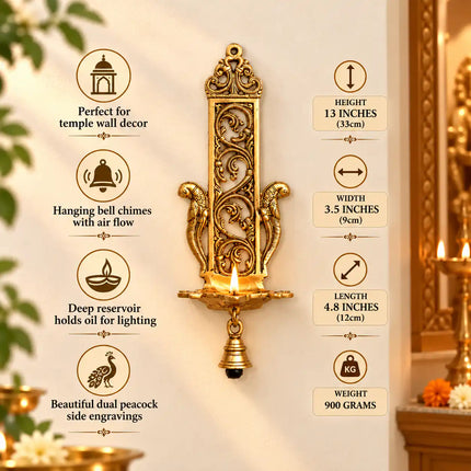 Brass Peacock Hanging Diya With Bell (13 Inch)
