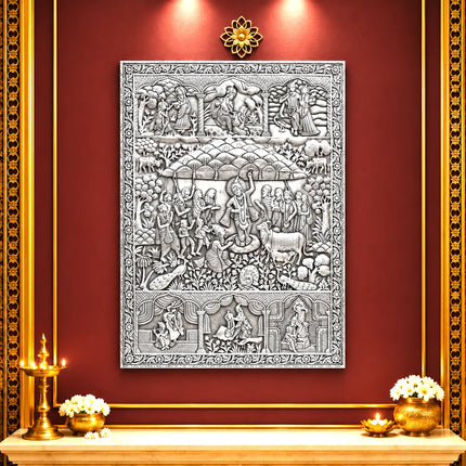 Govardhan Giridhari Krishna Silver Plated Copper Wall Hanging