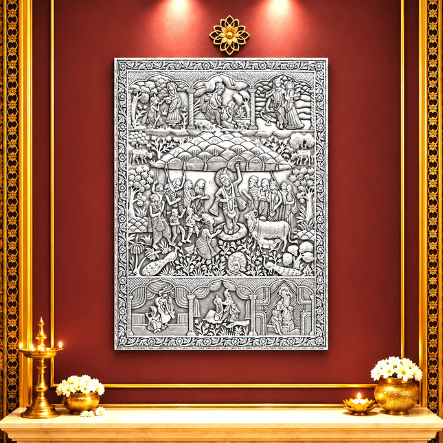 Govardhan Giridhari Krishna Silver Plated Copper Wall Hanging