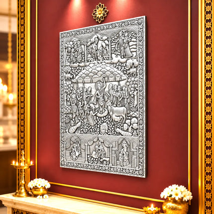 Govardhan Giridhari Krishna Silver Plated Copper Wall Hanging