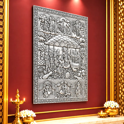 Govardhan Giridhari Krishna Silver Plated Copper Wall Hanging