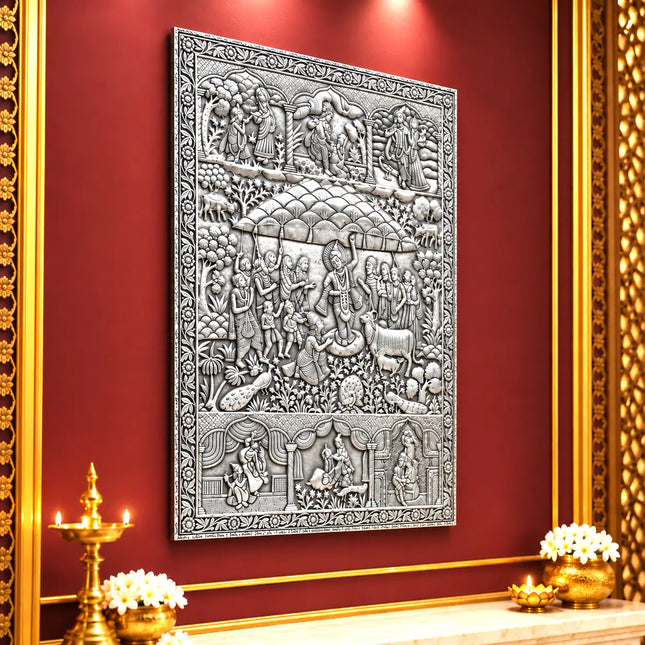 Govardhan Giridhari Krishna Silver Plated Copper Wall Hanging
