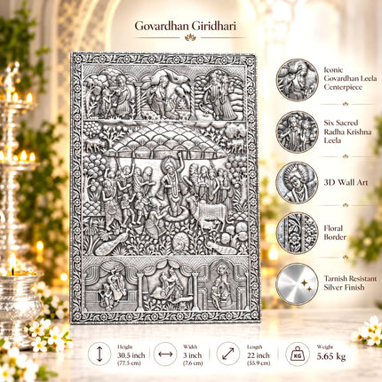 Govardhan Giridhari Krishna Silver Plated Copper Wall Hanging