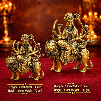 Brass Lightweight Goddess Durga Idol Sitting on Lion
