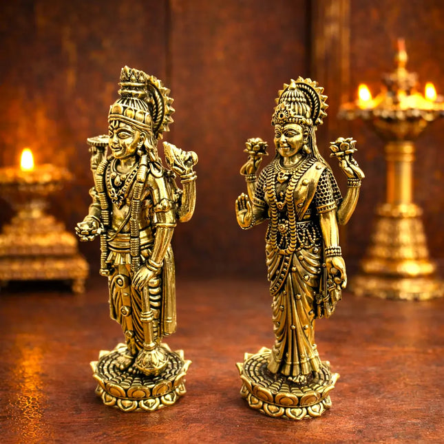 Brass Vishnu Lakshmi Standing Lightweight Idol Set (6 Inch)