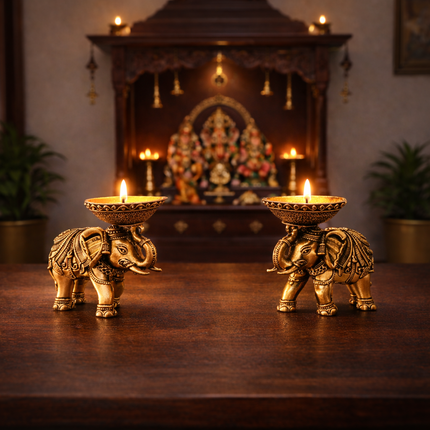 Brass Lightweight Elephant Standing Diya Pair (2.5 Inch)