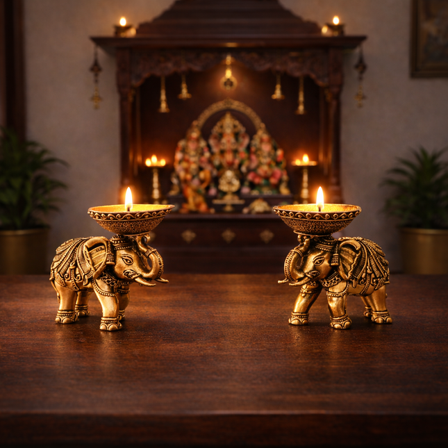 Brass Lightweight Elephant Standing Diya Pair (2.5 Inch)