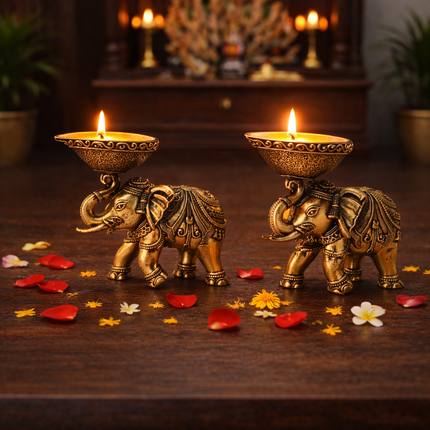 Brass Lightweight Elephant Standing Diya Pair (2.5 Inch)