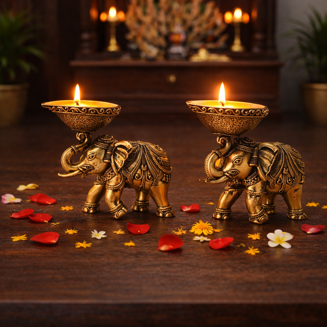 Brass Lightweight Elephant Standing Diya Pair (2.5 Inch)