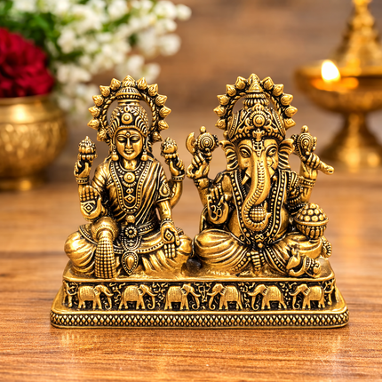 Brass Lightweight Sitting Ganesha and Lakshmi Idol (2.8 Inch)