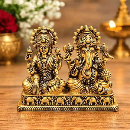 Brass Lightweight Sitting Ganesha and Lakshmi Idol (2.8 Inch)