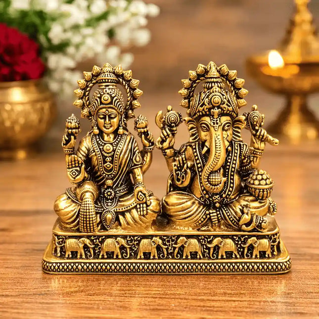 Brass Lightweight Sitting Ganesha and Lakshmi Idol (2.8 Inch)