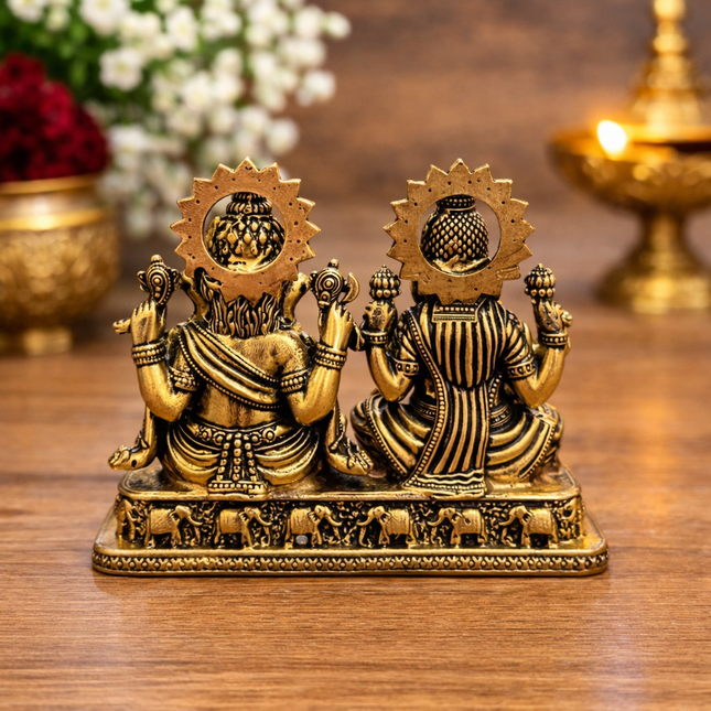 Brass Lightweight Sitting Ganesha and Lakshmi Idol (2.8 Inch)