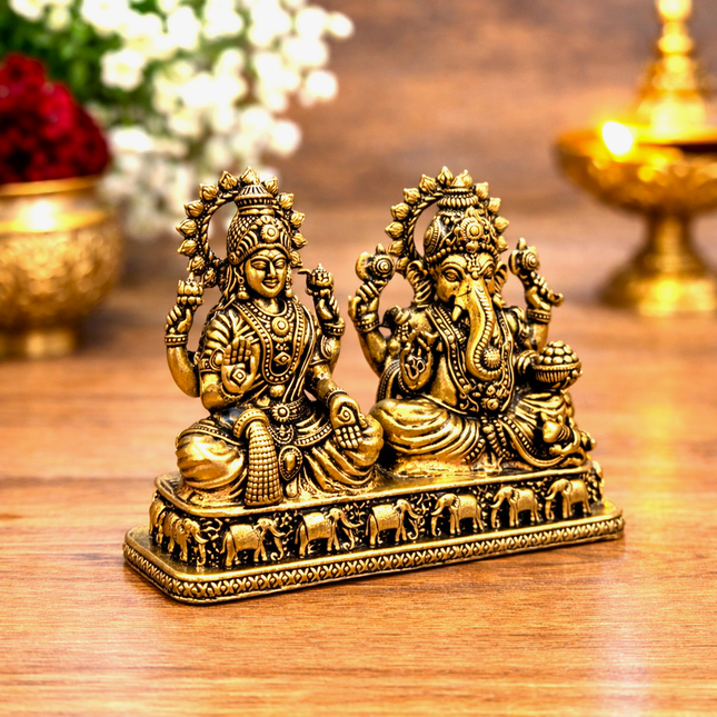 Brass Lightweight Sitting Ganesha and Lakshmi Idol (2.8 Inch)