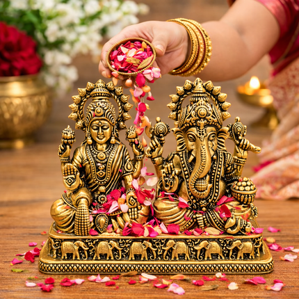 Brass Lightweight Sitting Ganesha and Lakshmi Idol (2.8 Inch)