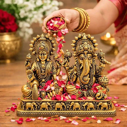 Brass Lightweight Sitting Ganesha and Lakshmi Idol (2.8 Inch)